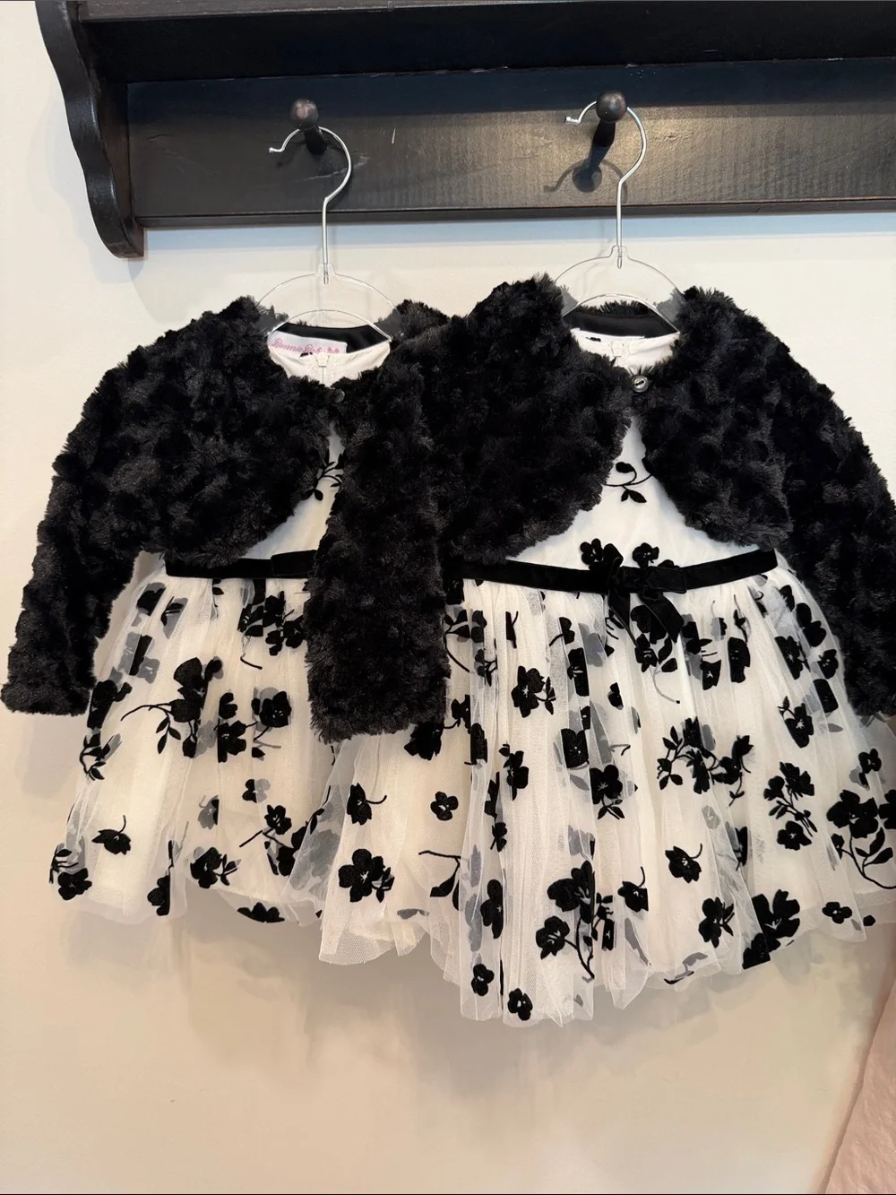 Bonnie Baby Black & White Floral Tulle Dress with Black Faux-Fur Bolero